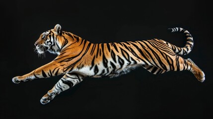 Fototapeta na wymiar Tiger jump on a black background. Flying animal.