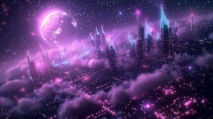 Futuristic city in the clouds with planet earth and glowing lights