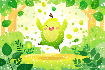Smiling green avocado character dancing in the garden. Healthy lifestyle concept. Eco farming. Sustainable living.
