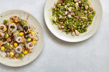 Variety of Seafood Dishes: Baby Squid with Green Beans and Fresh Croaker Fish Ceviche