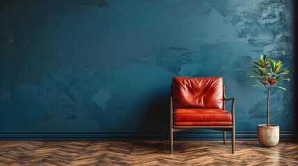 Mock up Modern interior of living room with leather armchair on wood flooring and dark blue wall, copy space.