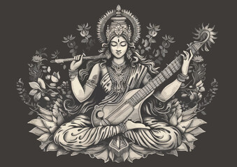 Fototapeta na wymiar Hindu Goddess Saraswati. Vector hand drawn illustration