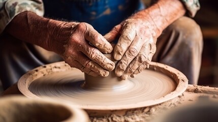 Hands of potter making clay pot. Neural network AI generated art