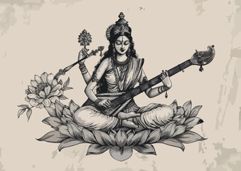 Hindu Goddess Saraswati. Vector hand drawn illustration