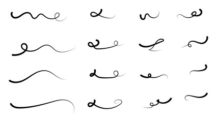 Swashes swoops and swishes calligraphy signs sets. Underlines hand drawn strokes. Brush drawn thick curved smears. Hand drawn collection of curly swishes, swashes, squiggles. Vector symbols sets.