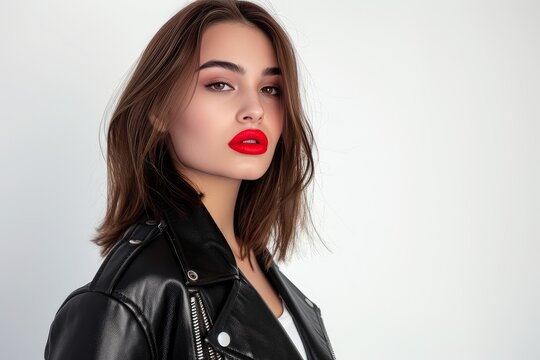 Pretty Young Woman in Leather Jacket and Red Lipstick photo on white isolated background