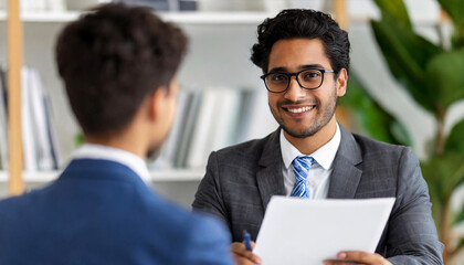 Happy hiring manager interviewing a job candidate in her office