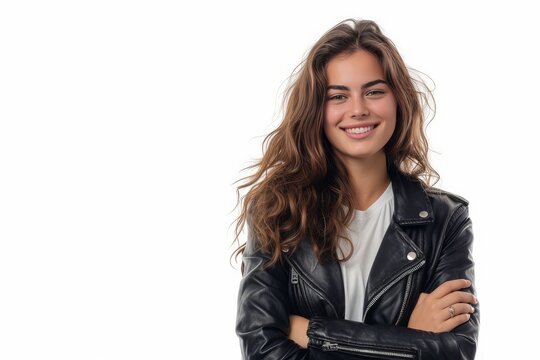 Pretty Young Woman in Leather Jacket and Smiling with Confidence photo on white isolated background