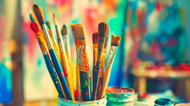 A collection of paintbrushes for paiting with dried paint, vibrant splashes of red, blue, green, yellow, and pink, blurred colorful background, art studio.