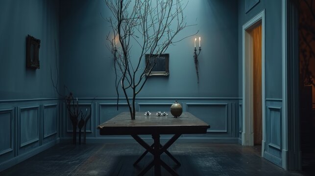 a table with a vase on top of it in a room with blue walls and a tree in the middle of the room.
