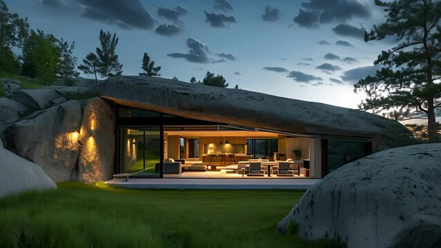 From the outside this home appears to be a natural extension of the boulder its built into with a sleek minimalist design that complements the rugged landscape.