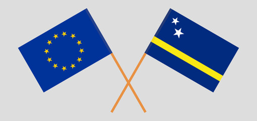Crossed flags of the European Union and Country of Curacao. Official colors. Correct proportion