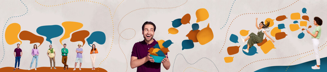 Panoramic collage picture happy young man collect textboxes phrases bowl people community dialog...