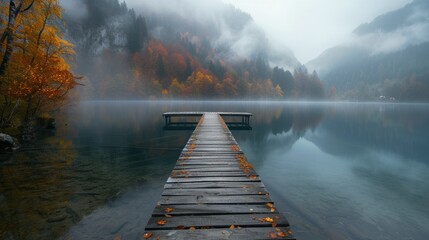 a dock middle of a body of water surrounded by trees with orange leaves on it and fog air.