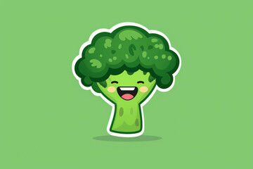 Smiling green broccoli character icon isolated on a green background. Flat design. Clean eating and healthy lifestyle concept.