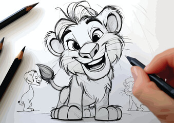 Line drawing cartoon happy lion