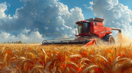 An agricultural tractor cultivates the land. Harvester on a wheat field. Industry, harvesting,...