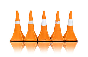 five orange traffic cones on white background