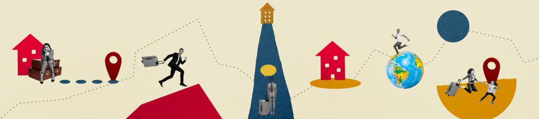 Panoramic collage new house relocation moving abroad luggage rent flat apartment ownership mortgage...