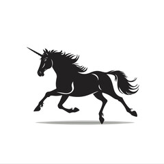Isolated black silhouette of running trotting unicorn