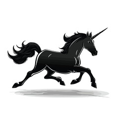 Isolated black silhouette of running trotting unicorn - obrazy, fototapety, plakaty