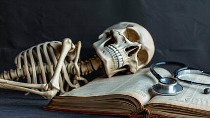 human skull with stethoscope and old book on black background.