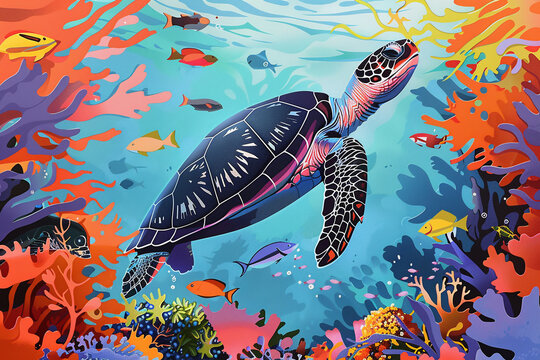 A turtle swims underwater in the ocean with colored fish. World ocean day concept.
