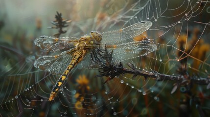 a close up of a spider web with a yellow and black dragonfly sitting on it's back end. - obrazy, fototapety, plakaty