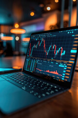 Laptop monitor with stock charts