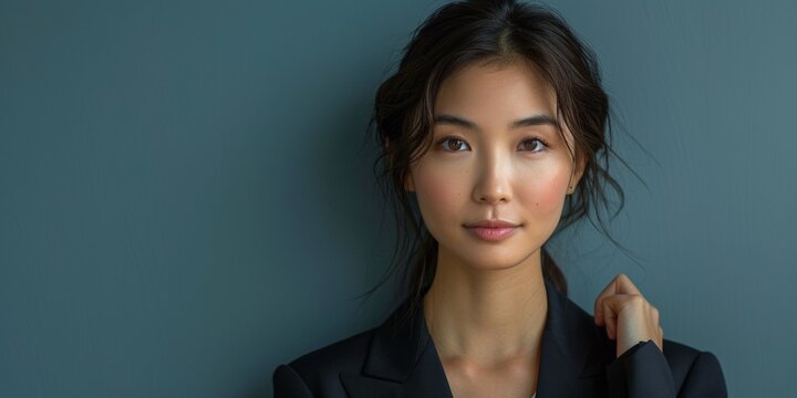 A gorgeous Japanese businesswoman in a stylish suit, exuding confidence with a positive, professional demeanor.