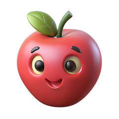 Smiling 3d cartoon red apple with green leaf isolated on transparent background.