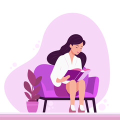 A girl reads a book on an armchair. Flat vector illustration