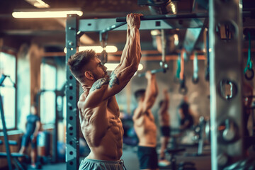 Handsome young man doing pull-ups in the gym. - obrazy, fototapety, plakaty