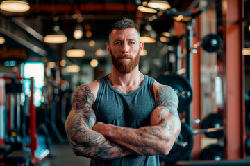 Portrait of a handsome bearded man with tattoos in a gym. - obrazy, fototapety, plakaty