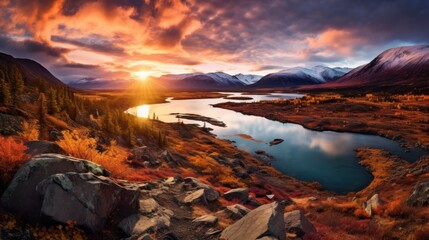 a beautiful sunset over a mountain valley with a lake in the foreground and a mountain range in the background.