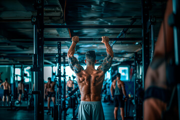 Back view of shirtless young man doing pull-ups in gym - obrazy, fototapety, plakaty