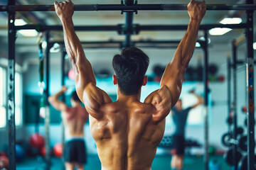 Back view of shirtless young man doing pull-ups in gym