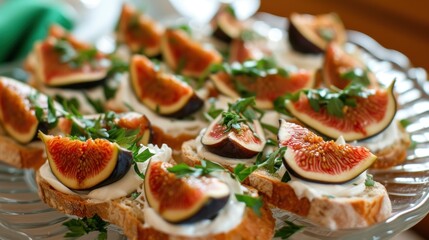 a close up of a platter of food with figs and cream cheese on top of toasted bread.