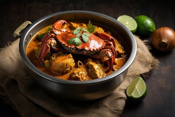 A spicy special crab curry in wooden table.