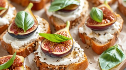 a close up of a plate of bread with figs and cream cheese on top of bread with leaves on top of it.