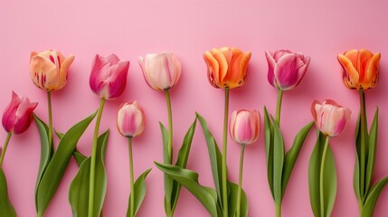 a row of pink and orange tulips on a pink background with green stems on each side of the row. - obrazy, fototapety, plakaty