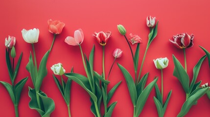 a group of pink and white tulips on a red background with green stems on each side of the tulip. - obrazy, fototapety, plakaty
