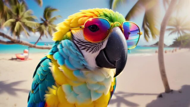 parrot with sunglasses on the sea beach