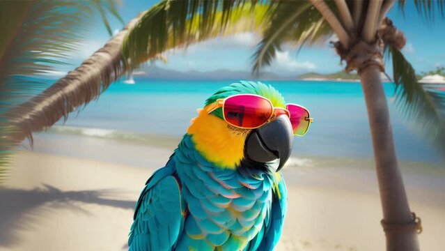 parrot with sunglasses on the sea beach