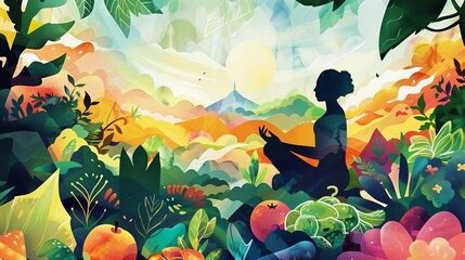 Vibrant and uplifting scene representing the growing focus on mental and physical well-being, person in a state of serene mindfulness.