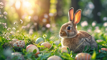 Fototapeta na wymiar Ostern mit farbigen Eiern und Hase mit blumen und Sonne