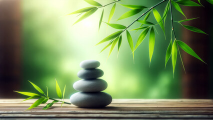 Serene Zen Stones with Bamboo Leaves and Soft Focus