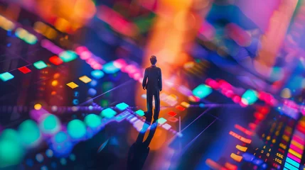 Foto op Canvas Miniature businessman in a suit on a stock market board, vibrant colors, dynamic shadows, business and financial concept © angyim
