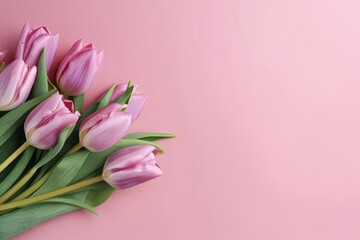 Pink tulips on a pink background empty space for text Generative AI.beautiful flowers for design