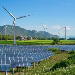 Solar Energy and Windmills in Pastoral Green Fields